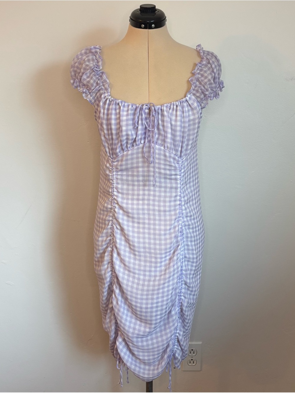 Cotton Candy LA Lavender White Gingham Adjustable Cinch Puff Sleeve Mini Dress L